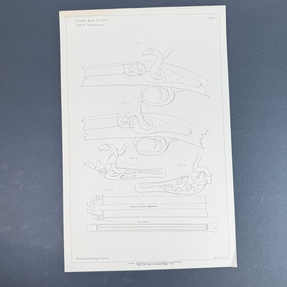 Durs Egg Other - 1854 British Patent Org. Lithograph Print Egg's Specification  Firearm Lock Gun